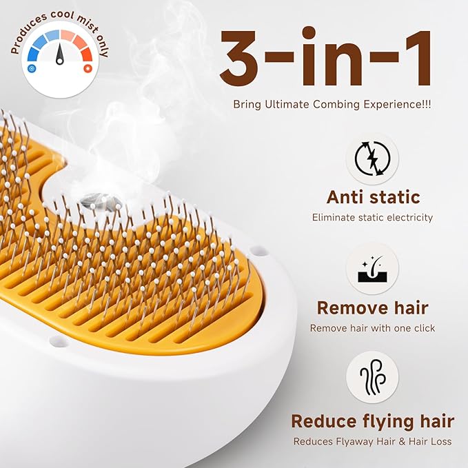Pet Steam Brush for Dog & Cat–3-in-1 Spray Hair Removal Comb–Steam Brush for Shedding & Grooming–Water Brushes for Long & Short Haired Pets–Spritz Defur Comb–Includes Waterless Shampoo & Ear Wipes