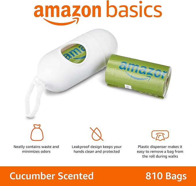 Amazon Basics Dog Poop Bags with Dispenser, 810 Count, Enhanced for Guaranteed Leakproof, Cucumber Scented, Includes Leash Clip