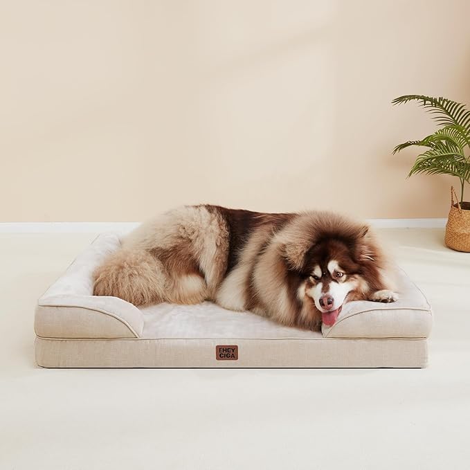 EHEYCIGA Orthopedic Dog Bed for Large Dogs, Waterproof Memory Foam, Non-Slip Bottom, Beige, 35"L x 22"W x 6.5"Th