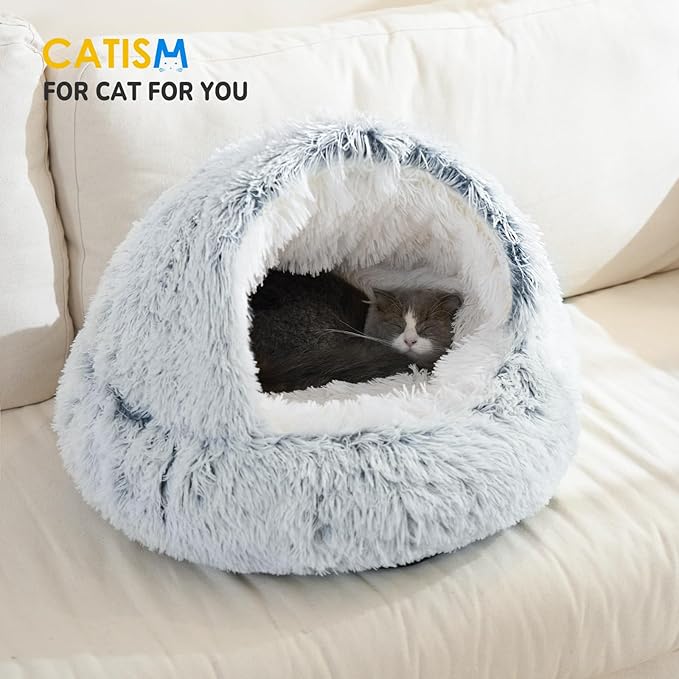 CATISM Cozy Plush Hooded Cat Bed, Indoor/Outdoor, Self-Warming Cave, Removable Washable Non-Slip Bottom