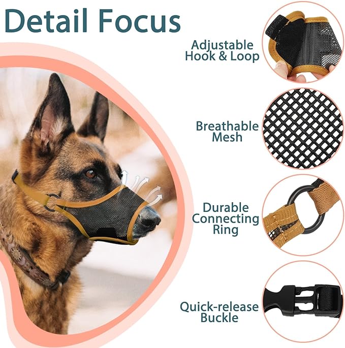 LUCKYPAW Dog Muzzle, Mesh Muzzle for Large Medium Small Dogs, Soft Mouth Guard for Biting Chewing, Breathable Mouth Guard with Adjustable Strap for Training(Brown, XL(Snout:11"-12.25"))