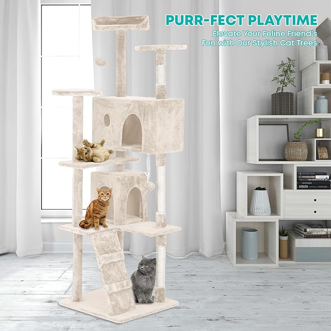 FDW Cat Tree 70in Cat Tower Multi-Level Durable Cat Scratching Post & Cozy Fun Cat Jumping Platform Space Saving Cat Condo Pet Play House for Indoor Cats,Beige