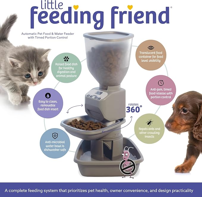 Automatic Dog & Cat Food Feeder with Water Dispenser – Smart Pet Feeder with Portion Control, OLED Display, Anti Jam Design, Battery Operated Dispenser for Small Pets - Taupe