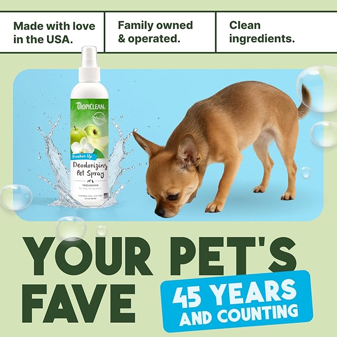 TropiClean Dog Perfume, Long Lasting Green Apple Cologne, Deodorizing Spray for Smelly Dogs, After Bath Detangling Spray with Vitamin E, Safe for Cats, 8oz.