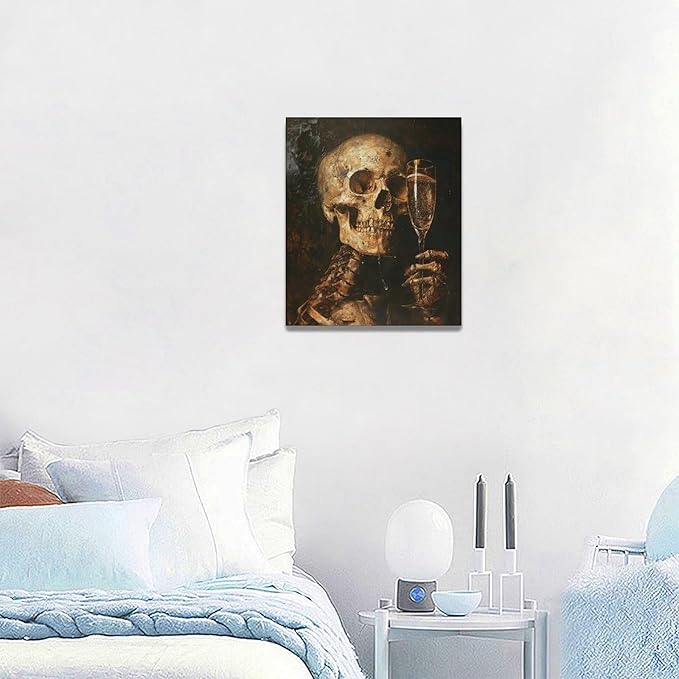 Quorin Gothic Skeleton Wall Art Goth Skull Champagne Wall Decor Dark Academia Pictures Horror Canvas Print Painting Artwork for Bathroom Living Room Bedroom 20"x24"