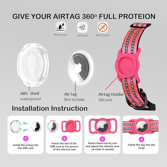 Reflective Dog Collar with Apple AirTag Holder & QR Code Pet ID Tag,Soft Nylon Adjustable Dog Tracker Collar with Safety Lock for Medium Dogs (Rose Red, M)