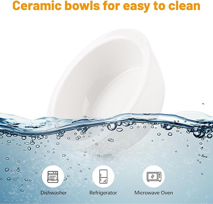 Elevated Cat Bowls, Tilted Rised Cat Food and Water Bowl with 2 Pcs Ceramic Pet Bowls, Rised Stand, Pet Dish Anti Vomiting Feeding Station for All Sized Cats & Small Dogs (White)