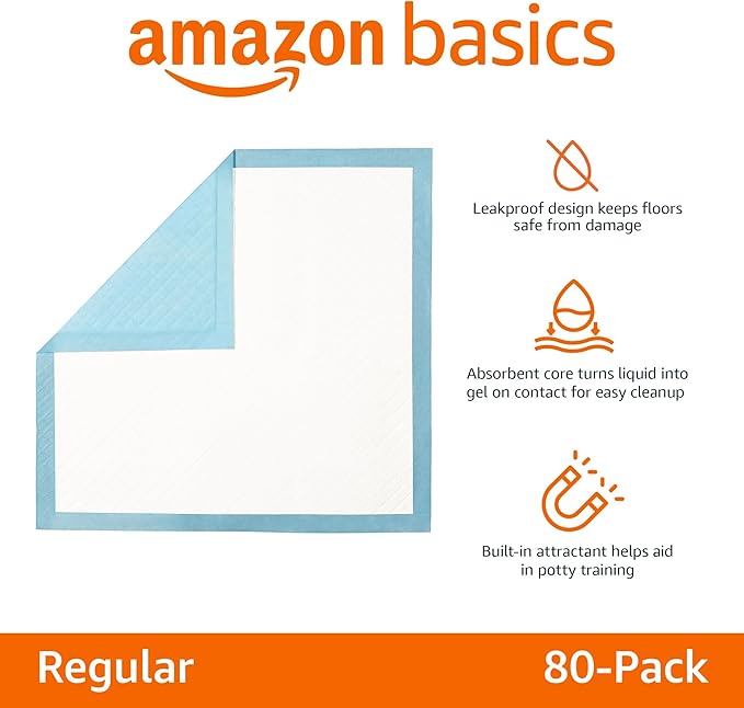 Amazon Basics Heavy Duty Dog and Puppy Pee Pads, 5-Layer Leak-Proof Ultra Absorbent, Quick-Dry Surface, Potty Training, Regular (24x23"), 50 Count, Blue & White