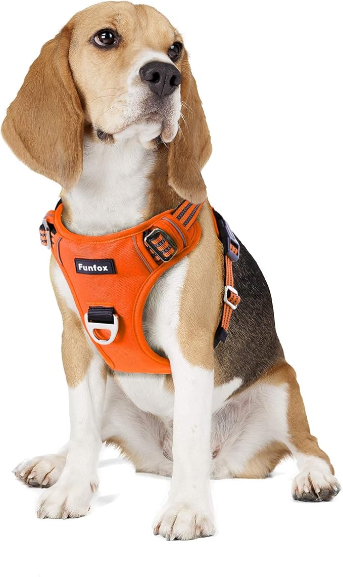 Funfox Dog Harness No Pull, Adjustable Pet Vest Harness, Super Soft Material with Vertical Handle Easy Control, Reflective Night Walking, 2 Leash Clips for Medium Sized Dogs, Orange, M