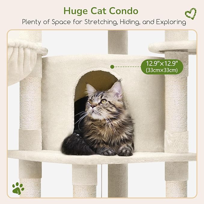 Globlazer Corner Cat Tree Tower with Scratching Post for Indoor Cats, 51in Plush Multi-Level Cat Tower with Large Hammock, Fan-Shaped Padded Perch, Spacious Cat Condo, Hanging Basket, C51, Light Beige