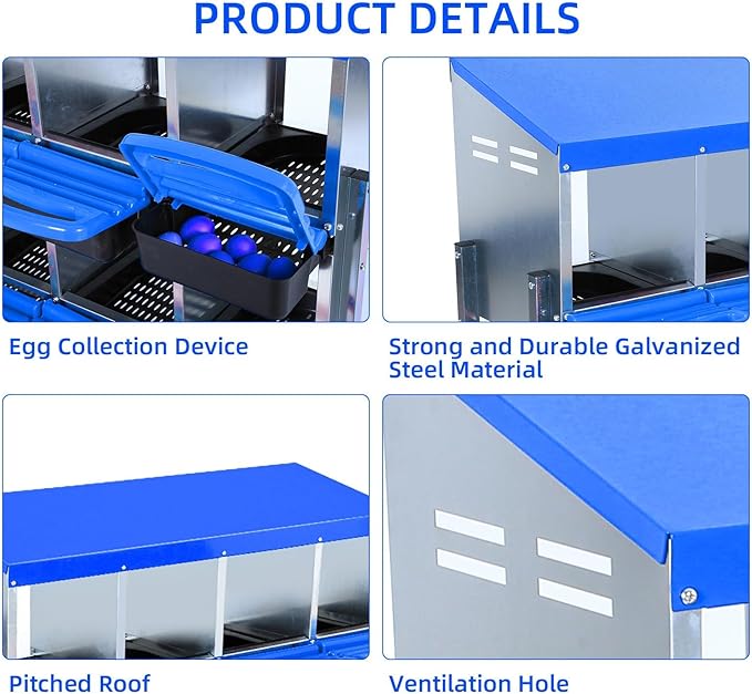 Chicken Nesting Boxes, 10 Hole Metal Chicken Laying Box with with Removable Trays and Roll Out Egg Collection for Chicken Coop, with Metal Bracket, Blue