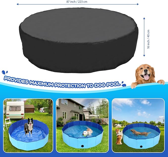 87 inch Foldable Dog Pet Bath Pool Cover, Portable Round Collapsible Pool Cover with Oxford Cloth Material and Drawstring Design for Dog Pet Pool, Waterproof and Dustproof (Black)