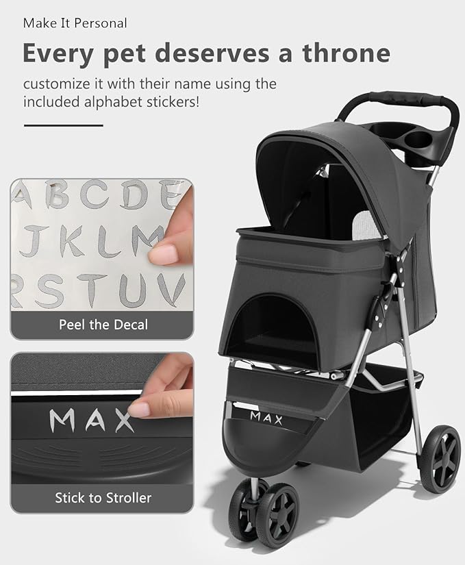 Pet Stroller with 3 Wheels for Small/Medium Pets, Portable Travel Foldable Carrier Jogger for Dog Cat Puppy Kitty, Rear Wheel Breaks, Storage Basket, Visible Mesh with Weather Cover (Black)