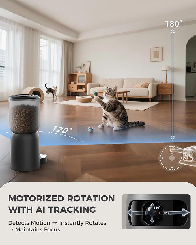 AI Cat Feeder with Dual Cameras (1 Adjustable), 2K HD Night Vision, 5G/2.4G WiFi, 6L Automatic Pet Feeder with APP Control, Laser Interactive Toy, Two-Way Audio & Scheduled Feeding