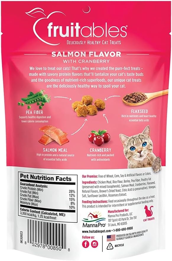 Fruitables Cat Crunchy Treats For Cats – Healthy Low Calorie Packed with Protein – No Wheat, Corn or Soy – Made with Real Salmon with Cranberry – 2.5 Ounces
