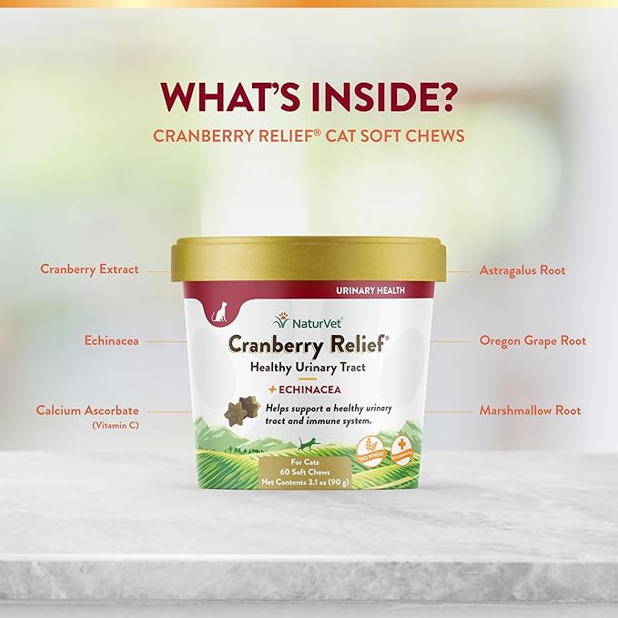 NaturVet Cranberry Relief Plus Echinacea for Cats, 60 ct Soft Chews, Made in The USA with Globally Source Ingredients