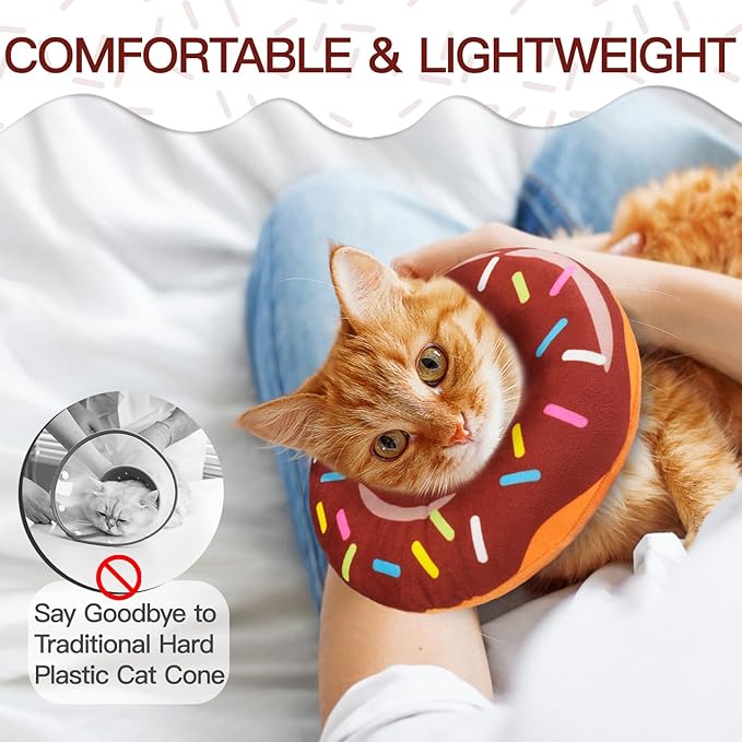 Cat Cone Collar Soft, Cute Cat Donut Collar After Surgery, Adjustable Kitten Recovery Cones to Stop Licking, Lightweight Neck Elizabethan Collars for Cats Kittens (Brown, Small)