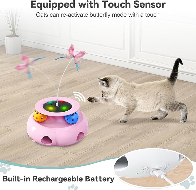 Cat Toys Interactive Rechargeable 3in1 Whack a Mole Cat Toy, Fluttering Butterfly, Track Balls, Touch Activated Automatic Kitten Toys for Indoor Cats