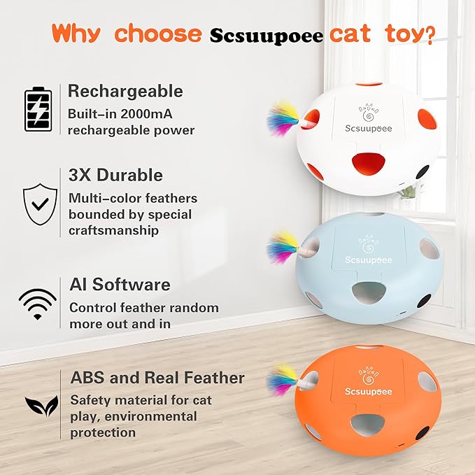Interactive Cat Toy, Electric Cat Toys for Moving Concealed Feathers, Smart Sensor 7 Holes Whack a Mole Feather Toy, USB Charge Automatic Kitten Toys,White