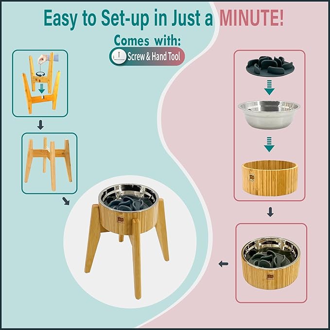 Slow Feeder Dog Bowls for Large Breed - Elevated, Raised 12-inch High - Bamboo Bowl with [60-oz Cap] Stainless Steel Inner Dish, Slow Feeding Insert Pad and Single Stand