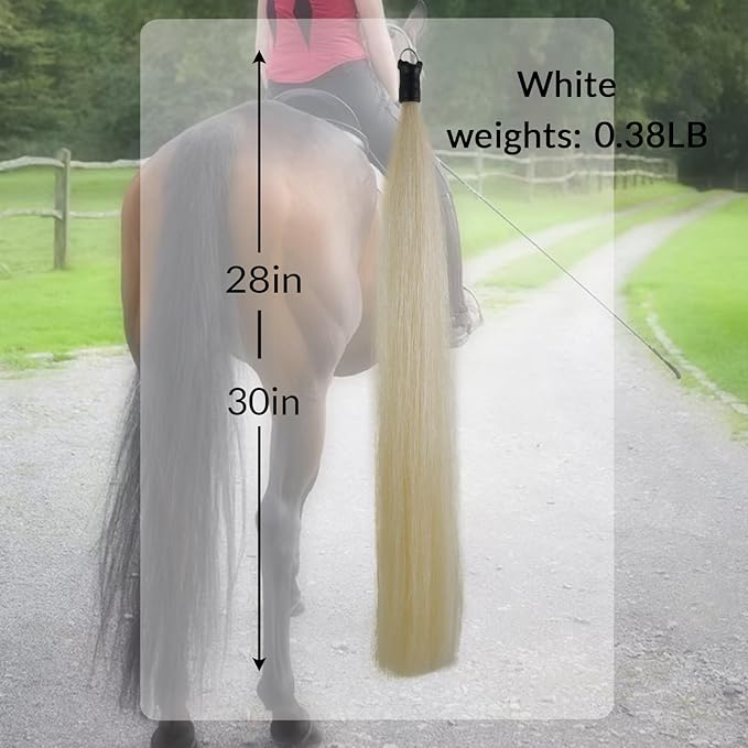 Horse Tail Extension with Braided Horsehair Loop, Blunt Cut Bottom, 3/8 lb, 28-30 inches (Pure White)