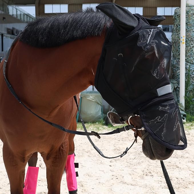 Luminous Horse Fly Mask with Long Nose, Ears, Full Face & Eye Protection - Full Mesh, Detachable Nose Cover, Fleece Padded Edging, Hook-and-Loop Straps with Webbing, Hanging Straps Black