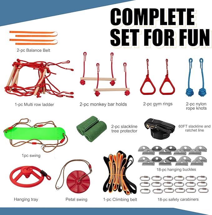 Slsy 60FT Ninja Warrior Obstacle Course (13 Obstacles), Ninja Slackline Kit for Kids, Durable Playset Equipment with 13 Most Complete Set-Monkey Bar,Swing, Balance Belt, Climbing Ladder & Net