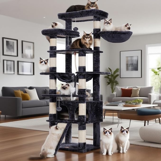 Heybly Tall Cat Tree, 78-inch Multi-Level Cat Tower for Indoor Cats, 2 Widened Plush Perches Cat Condo with Scratching Board and Big Caves, Smoky Gray HCT033G