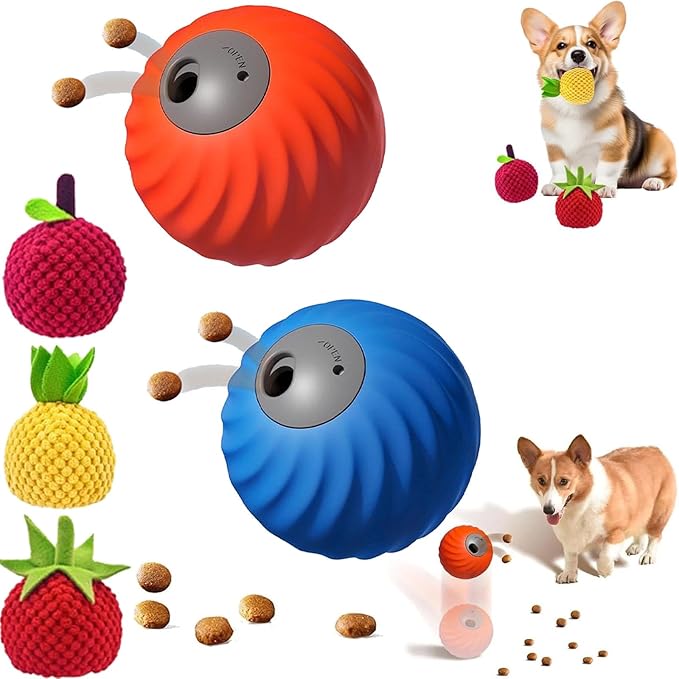Zoomie Buddy 2.0, Zoomie Buddy for Dogs, 2 in 1 Smart Touch Interactive Dog Balls ＆ Pet Feeder, 2.83" Diameter, Suitable for Small/Medium Dogs, with Fruit Plush Cover (Blue+Orange, 3*Mix)