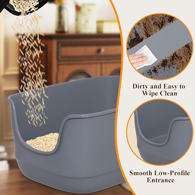 Gefryco Large Cat Litter Box with High Sided 24.6"x18.3"x12.2" - Jumbo Extra Large Open Anti - Splashing High Wall for Multiple Cats (Grey)