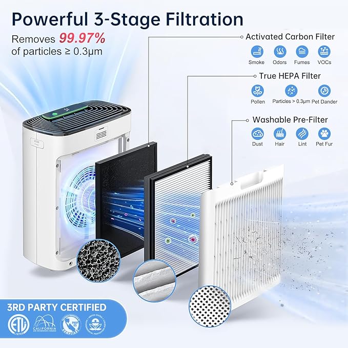 Air Purifier for Home Bedroom, True HEPA Air Cleaner with Washable Pre-Filter, AQI Display, Turbo Mode for Pets, Allergies, Dust, Pollen