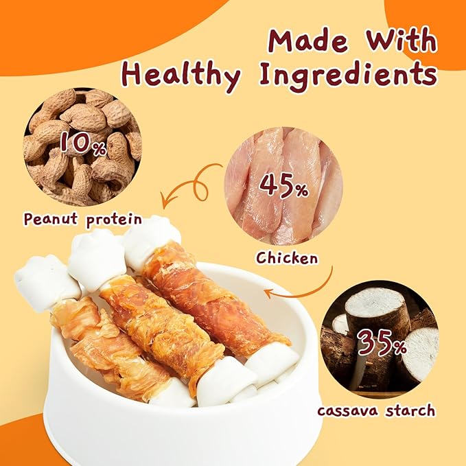 Jungle Calling Rawhide Free Dog Bones, 6.5" Real Chicken Wrapped Dog Chew Bones for Medium and Large Dogs Training Treats