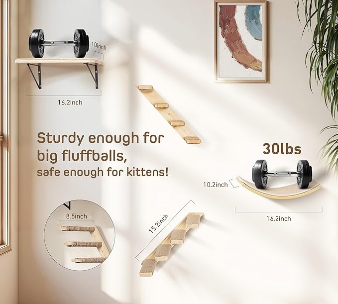 Wall Mounted Cat Shelves Stairs Set, 4 Piece Wood Cats Wall Furniture with Sisal Cat Window Perch, Flat Perch & Dual 4-Step Ladders for Climbing & Scratching