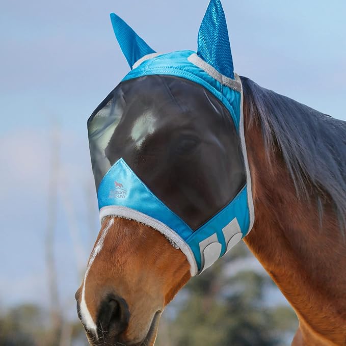 Harrison Howard CareMaster Pro Luminous Horse Fly Mask Large Eye Space Standard with Ears UV Protection for Horse Sky Blue Full Size