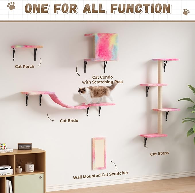 COZIWOW Wall Mounted Cat Furniture, Cat Wall Shelves and Perches, Floating Cat Shelves for Wall Set of 5 (Colorful)
