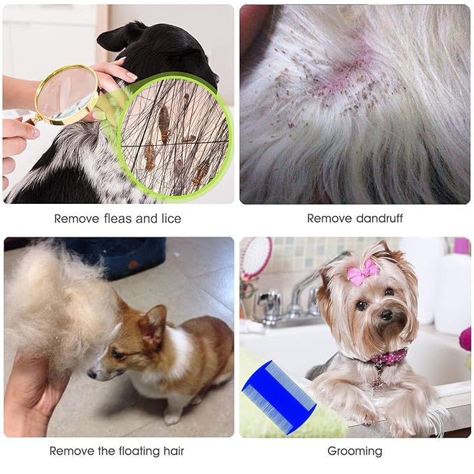 Flea Comb Lice Comb Cat & Dog Pet Grooming Combs Tear Stain Remover Remove Mucus Crust 2-in-1 Metal Round Smooth Teeth Comb Remove Floating Hair Tangles Dander (blue)