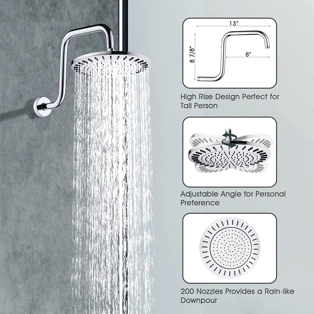 Rain Shower Faucet Set with Handheld Shower Head, 13" High Rise Arm & Valve