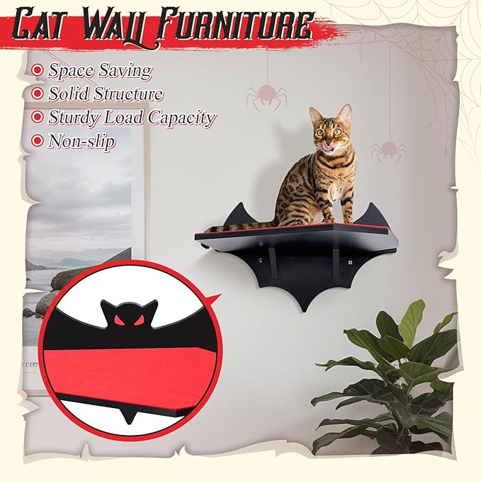 Cat Wall Mount Shelves for Indoor, Gothic Bat Floating Shelf with Coffin Bed Cat Wall Tree Can Load Bearing up to 30 Lbs/ 14 kg