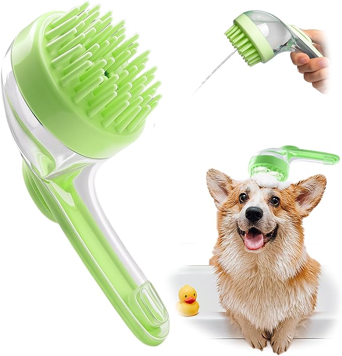 Dog Bath Brush, Silicone Pet Bath Brush with Soap Dispenser,Deep Cleansing & Gentle Massage for Dogs & Cats, Suitable for Long & Short Hair, Easy Grip, Bathing & Grooming(Green)