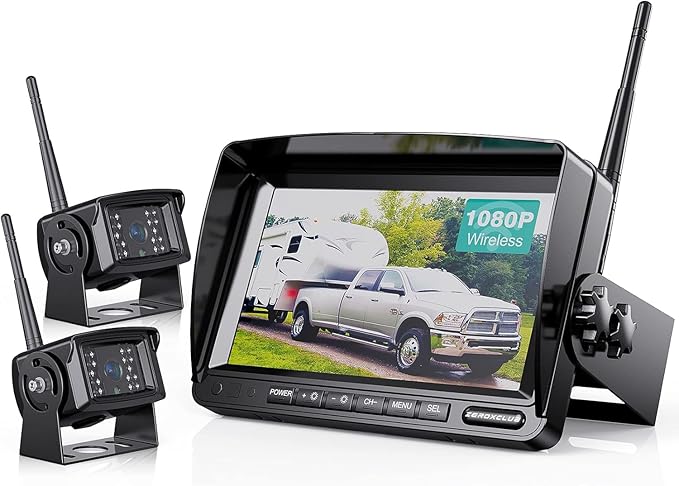 Digital Wireless Backup Camera System Kit, IP69K Waterproof Wireless 2 Rear View Camera + 7’’ LCD Dual Split Monitor for RV/Truck/Bus/Camper/Trailer (WX02)