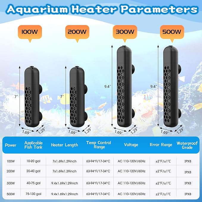 Aquarium Heater, 100W/200W/300W/500W Adjustable Fish Tank Heater with Intelligent Digital LED Controller, Overheating and Out of Water Protection for Freshwater and Saltwater Tanks