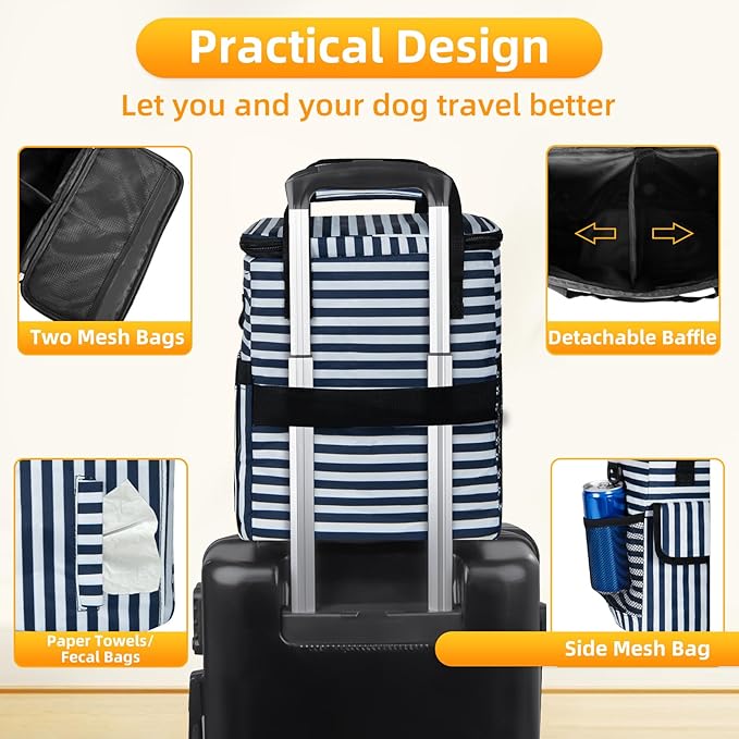 Dog Travel Bag for Camping - Pet Travel Accessories with 2 Collapsible Bowls, 2 Food Containers & Waterproof Feeding Mat - Portable Dog Carrier, Stripe (Small)