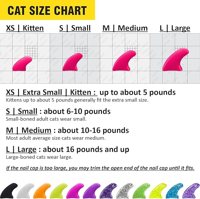 zetpo Cat Nail Caps | Cat Claw Covers | with Adhesives and Applicators (L, 12x Colors/Luna | 120 pcs)