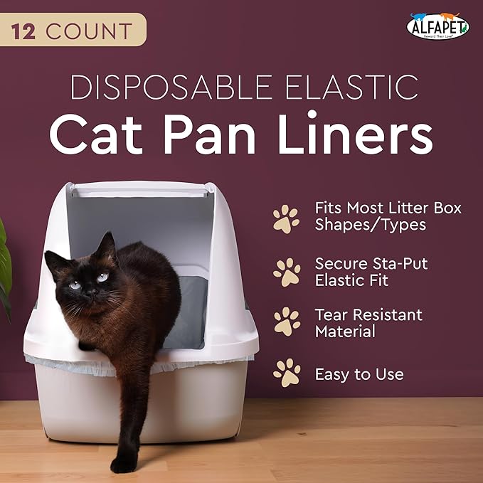 Alfapet Elastic Cat Litter Box Liners - Large 12 Count - Tear-Resistant Cat Litter Bags - Waterproof Kitty Litter Liners - Fits Litterbox Pan Sizes Medium and Large, 31" x 17", 20 lb Capacity