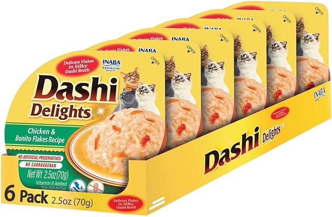 INABA Dashi Delights for Cats, 2.5 Ounce Cup, 6 Cups Total, Chicken & Bonito Flakes Recipe