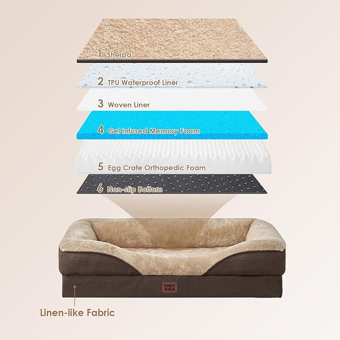 EHEYCIGA Memory Foam XL Dog Bed for XLarge Sized, Extra Large Orthopedic Dog Sofa with Sides and Waterproof Liner, Washable Bolster Pet Couch with Removable Cover, 48x35x7.5 Inch, Brown