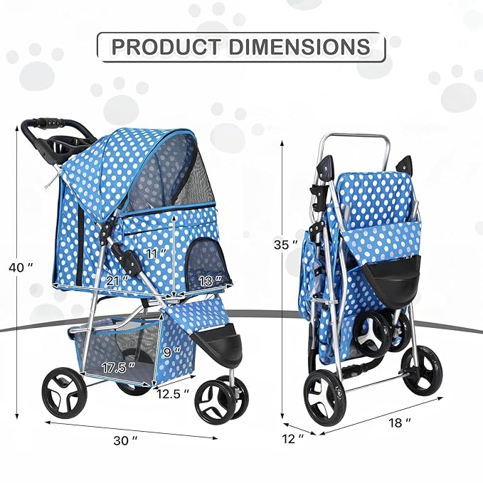 MoNiBloom 3 Wheels Pet Dog Cat Stroller for Small Medium Dogs Cats, Foldable Jogger Stroller w/Storage Basket and Cup Holder, Sky Blue Polka Dots