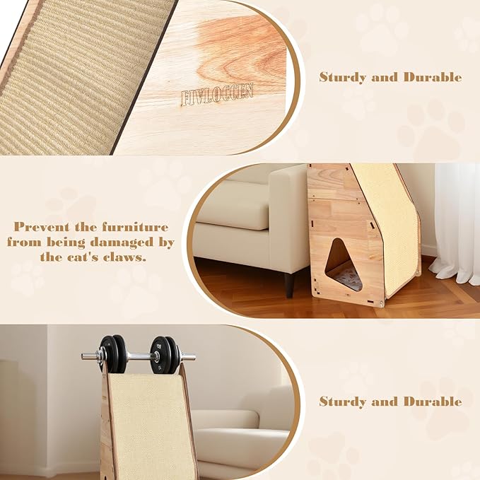 32in Cat Scratching Posts for Indoor Cats: Replaceable Sisal Mats & Sturdy 3D Wood Frame, Integrated Cat Condo, Hideout, Tunnel, All-in-One Space Saver for Multi-Cat & Budget-Friendly Homes