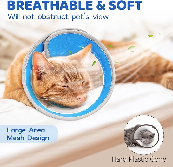 Breathable Air Mesh Cat Cone Collar Soft to Stop Licking, Adjustable, Foldable Lightweight Kitten Cones After Surgery Recovery for Cats & Kittens (Light Blue,L)