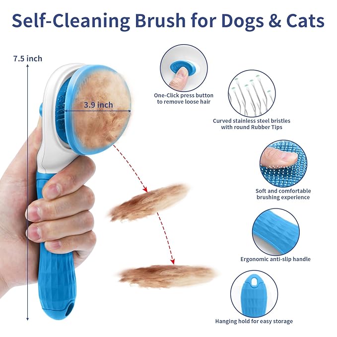 5 in 1 Dog Grooming Kit - Self-Cleaning Slicker Brush for Shedding Short Long Haired Dogs & Cats, Includes Pet Comb, Flea Comb, Bath Brush, Undercoat Rake - Complete Fur Care Set - Blue